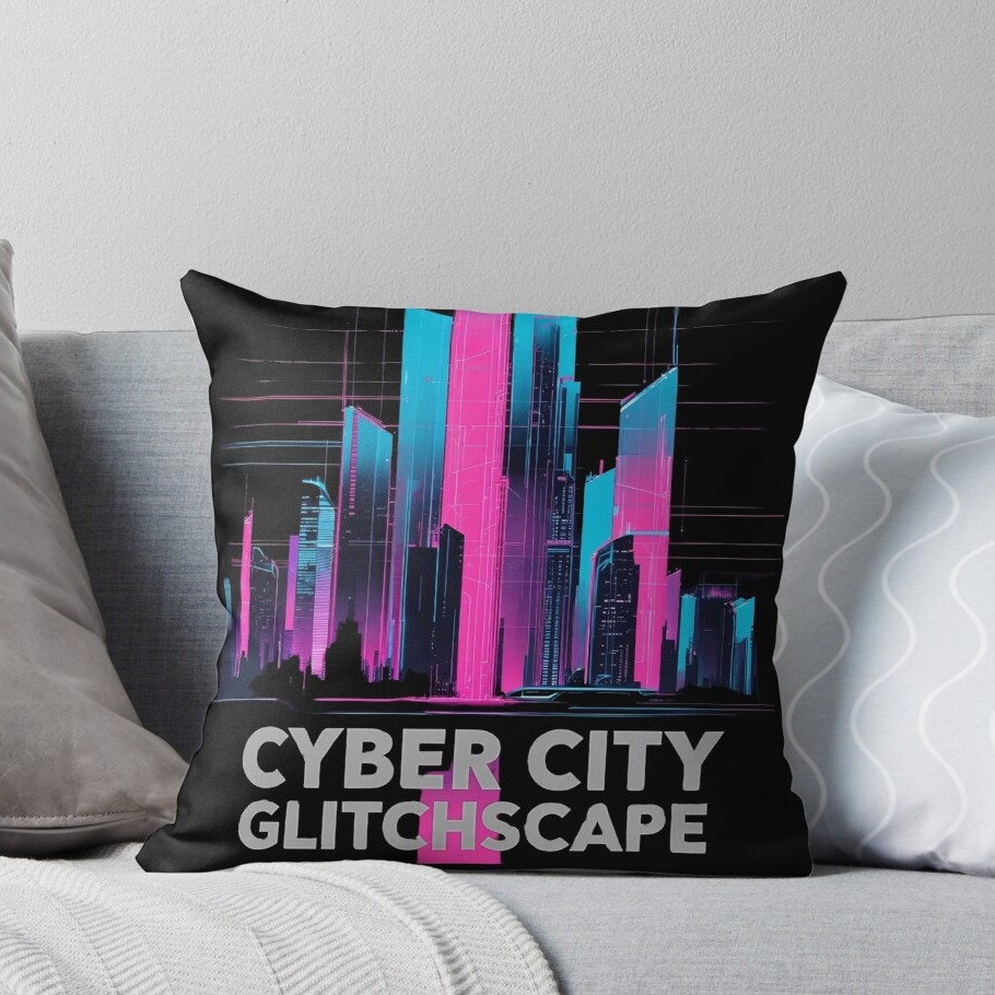Cyber City Glitchscape Pillow