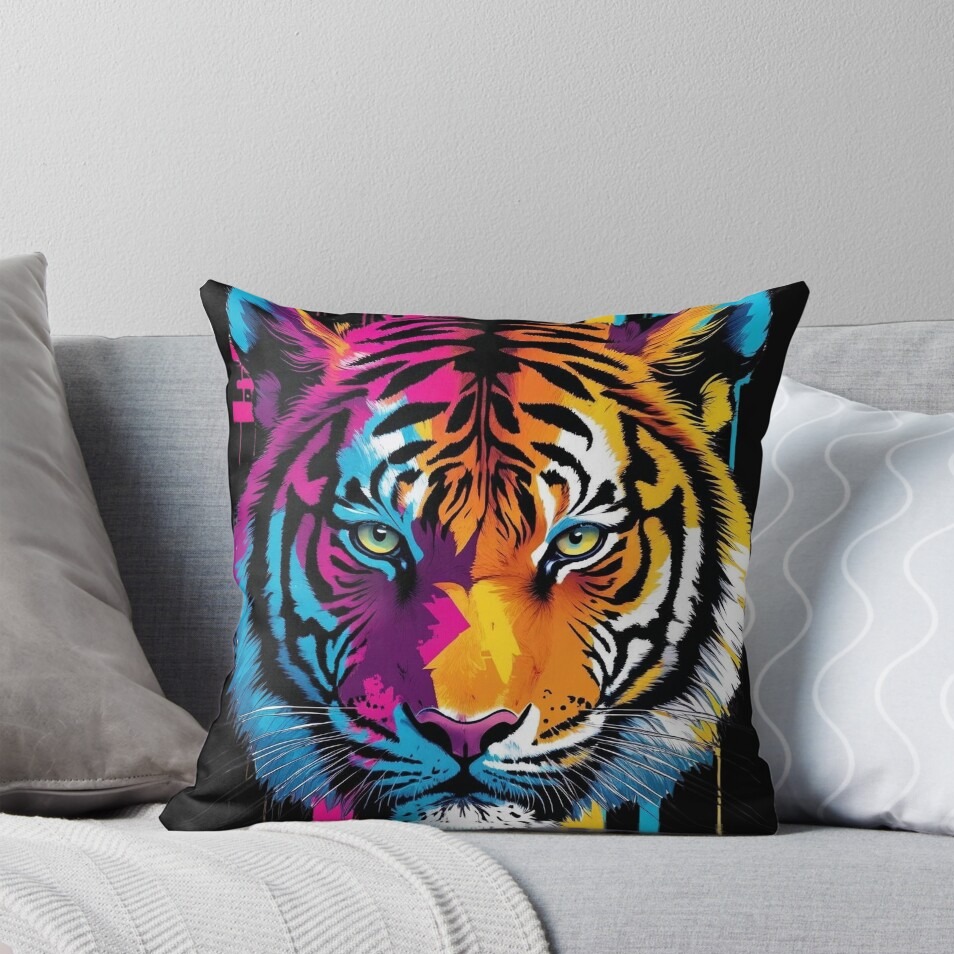 Neon Tiger Glitch Pillow