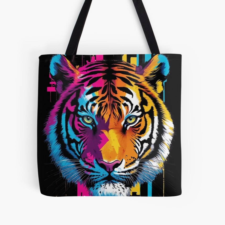 Neon Tiger Glitch Tote Bag