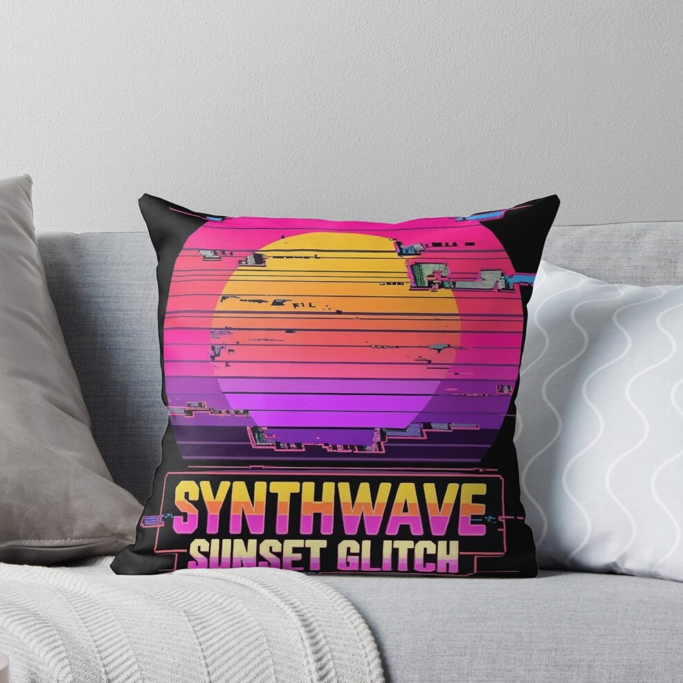 Synthwave Sunset Glitch Pillow